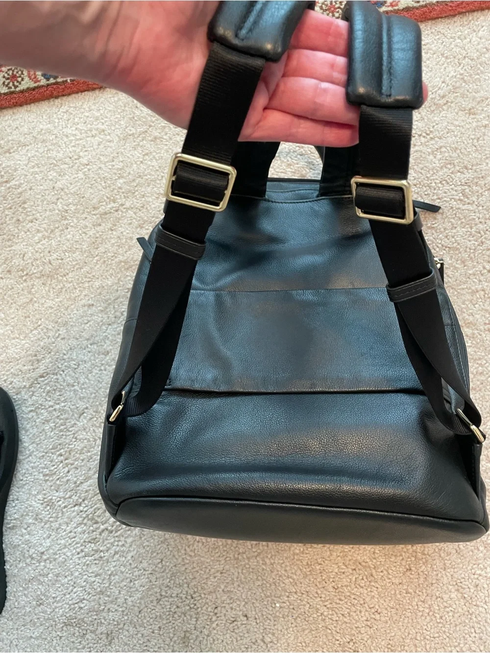 Tumi Black Leather Backpack with Goldtone Hardware